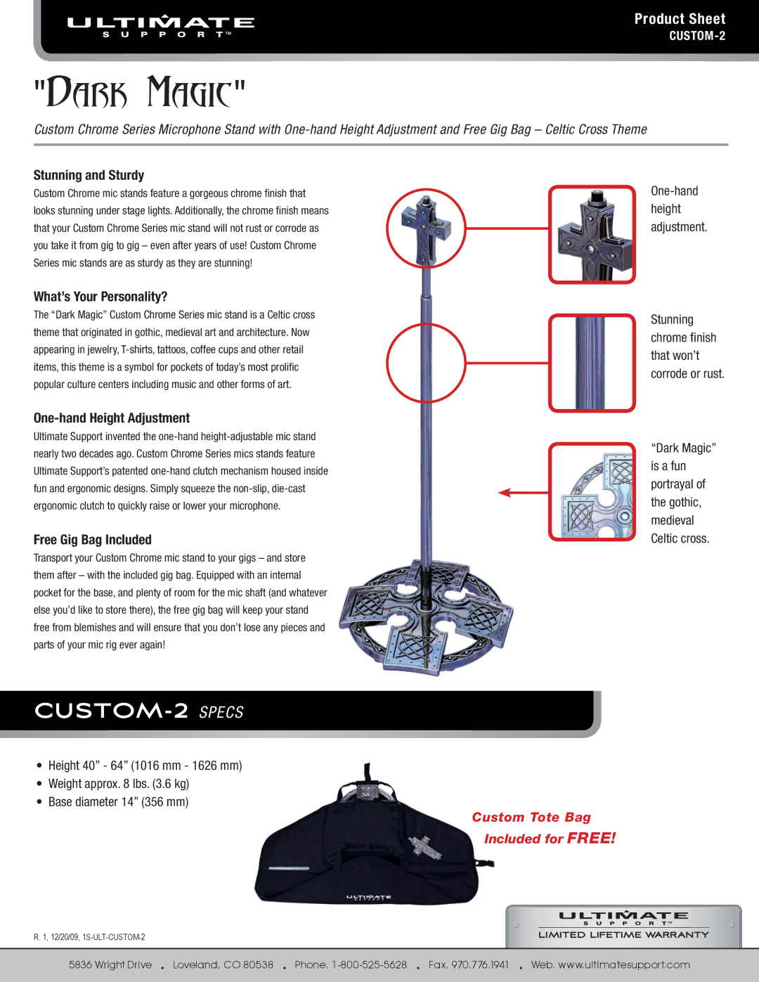 Ultimate Support Systems 1S-ULT-CUSTOM-2 manual CUSTOM-2 Specs, Product Sheet 