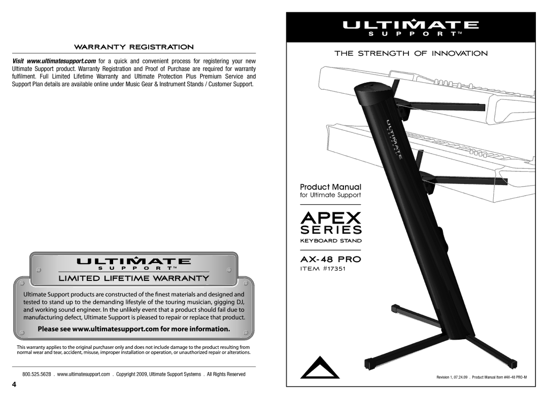 Ultimate Support Systems AX-48 PRO warranty Apex, SE Ries 