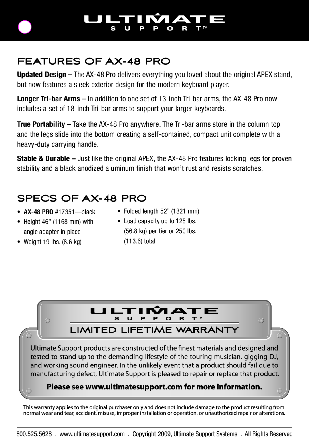 Ultimate Support Systems manual FEATURES OF AX-48 PRO, SPECS OF AX-48 PRO 