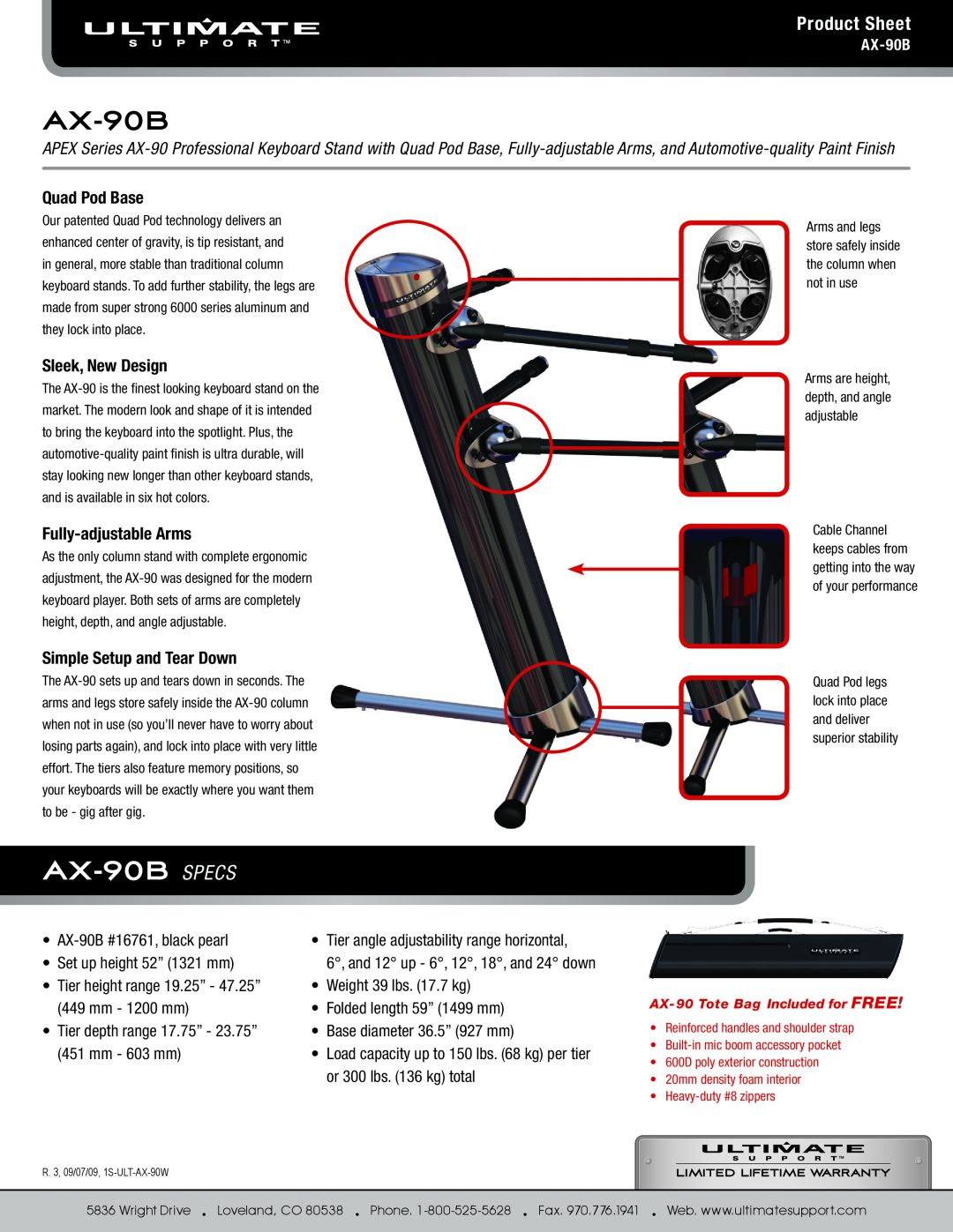 Ultimate Support Systems manual Product Sheet, AX-90B SPECS, Quad Pod Base, Sleek, New Design, Fully-adjustable Arms 