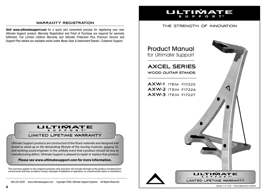 Ultimate Support Systems AXW-3 ITEM #17227, AXW-2 ITEM #17226, AXW-1 ITEM #17225 warranty Axcel Series 