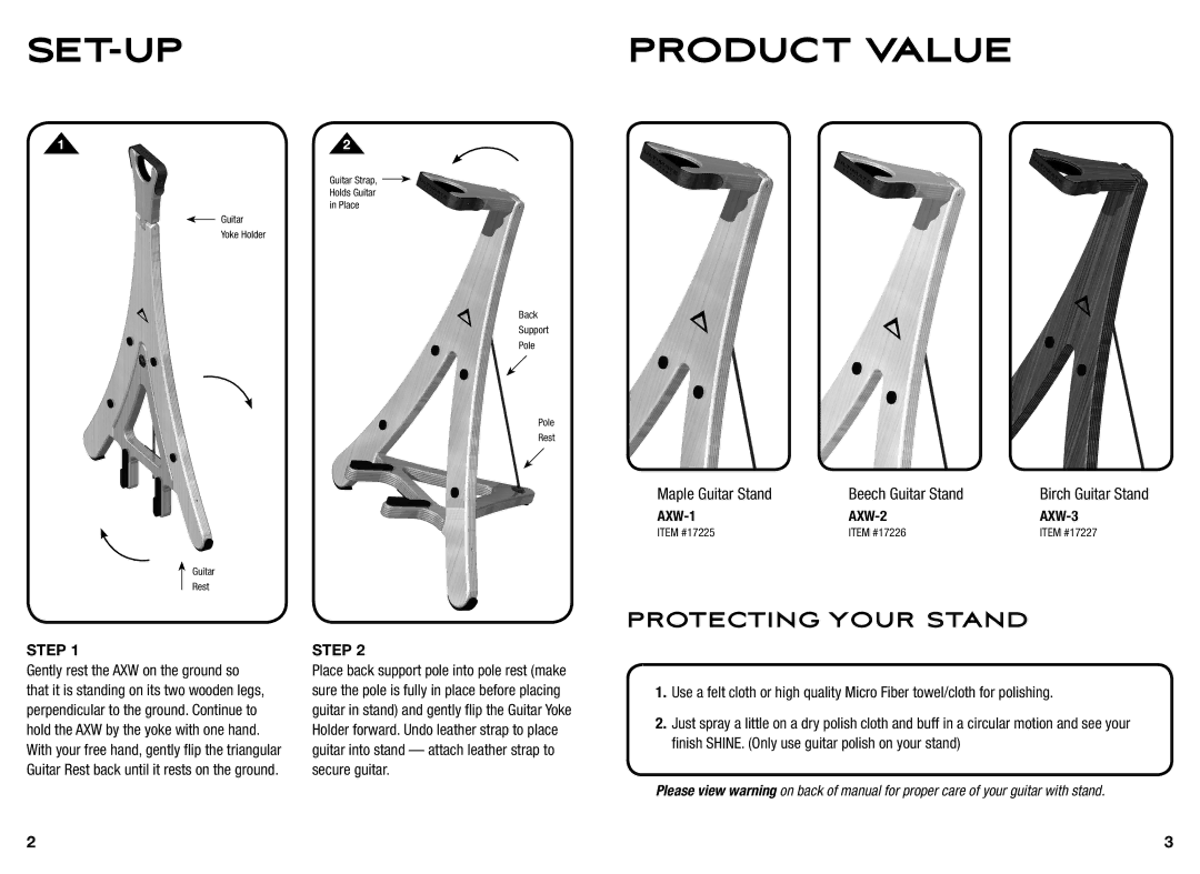 Ultimate Support Systems AXW-1 ITEM #17225, AXW-2 ITEM #17226 warranty SET-UP Product Value, Protecting Your Stand, Step 