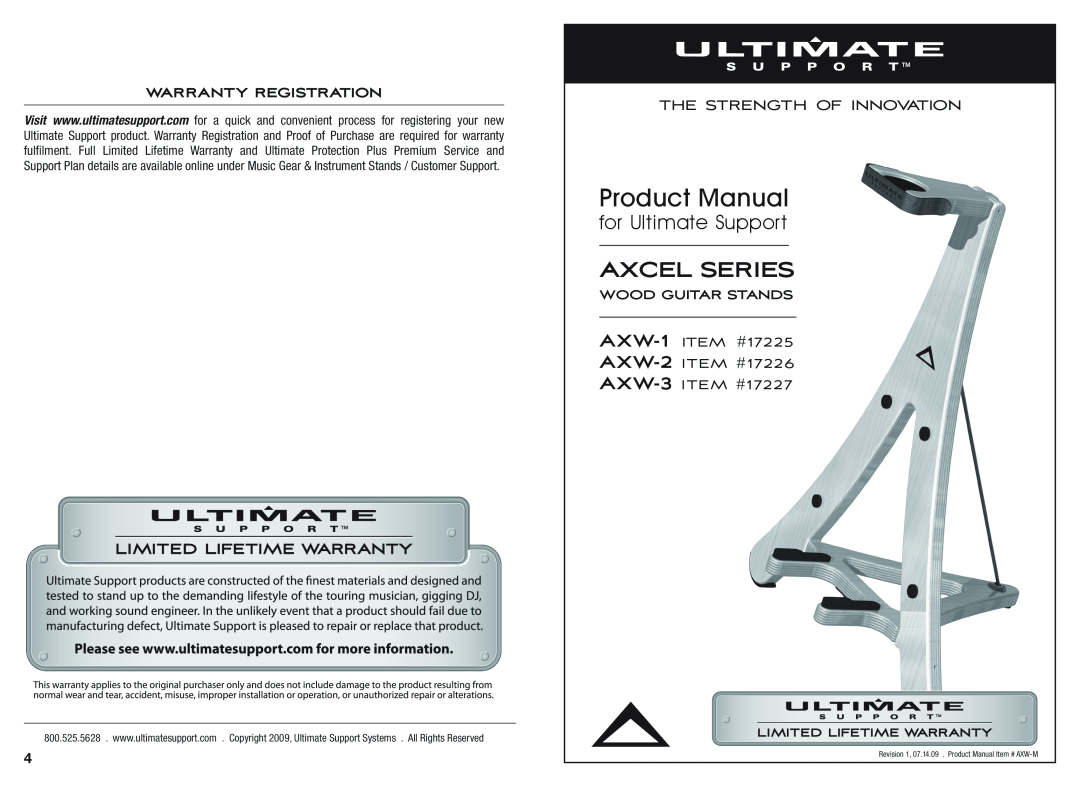 Ultimate Support Systems AXW-3 ITEM #17227 warranty Axcel Series, Product Manual, AXW-2, for Ultimate Support, ITEM #17226 