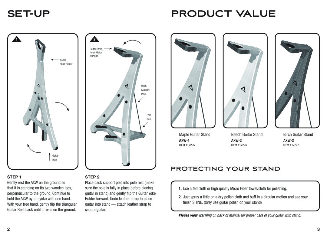 Ultimate Support Systems AXW-1 ITEM #17225 warranty Set-Up, Product Value, Protecting Your Stand, Maple Guitar Stand, Step 