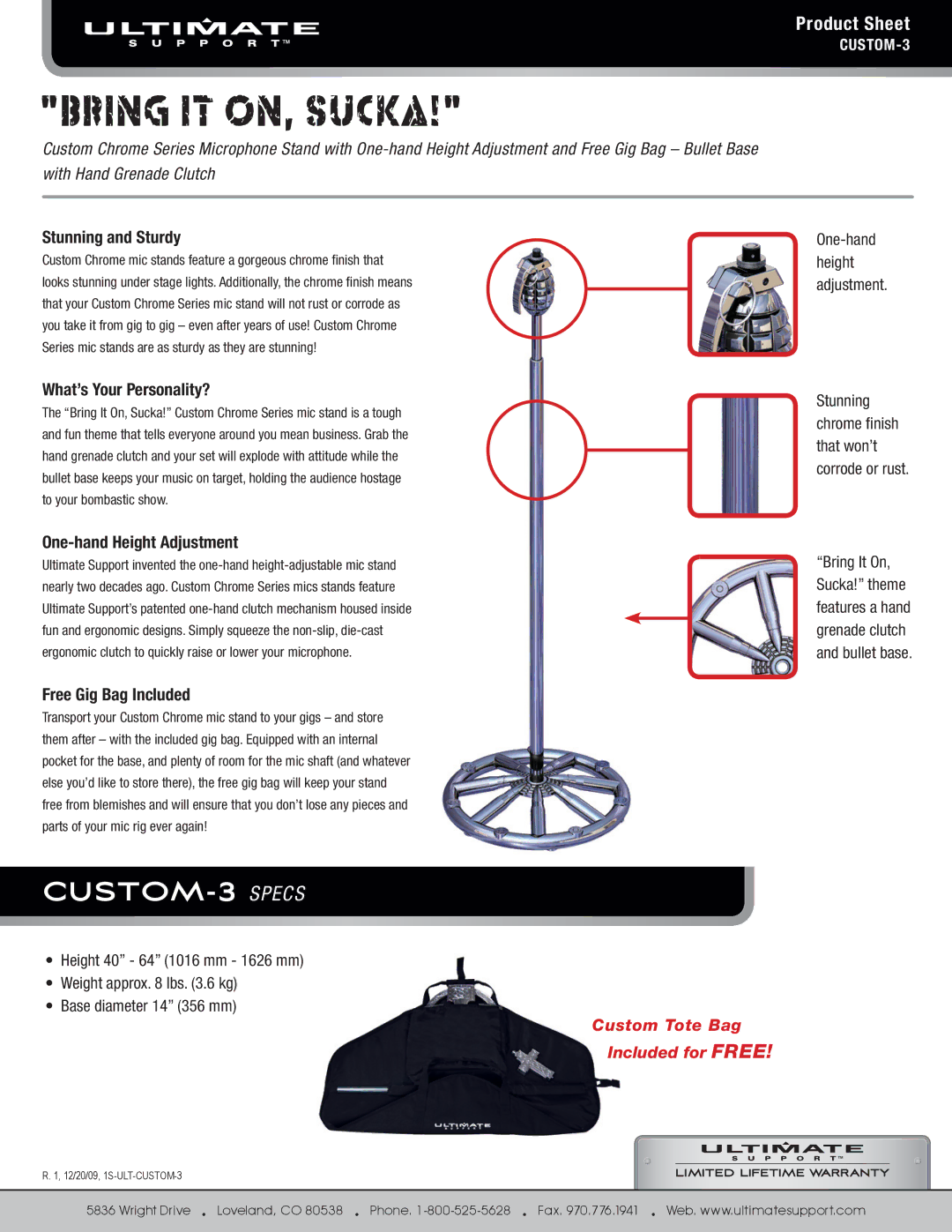 Ultimate Support Systems Custom - 3 manual CUSTOM-3 Specs, Product Sheet 