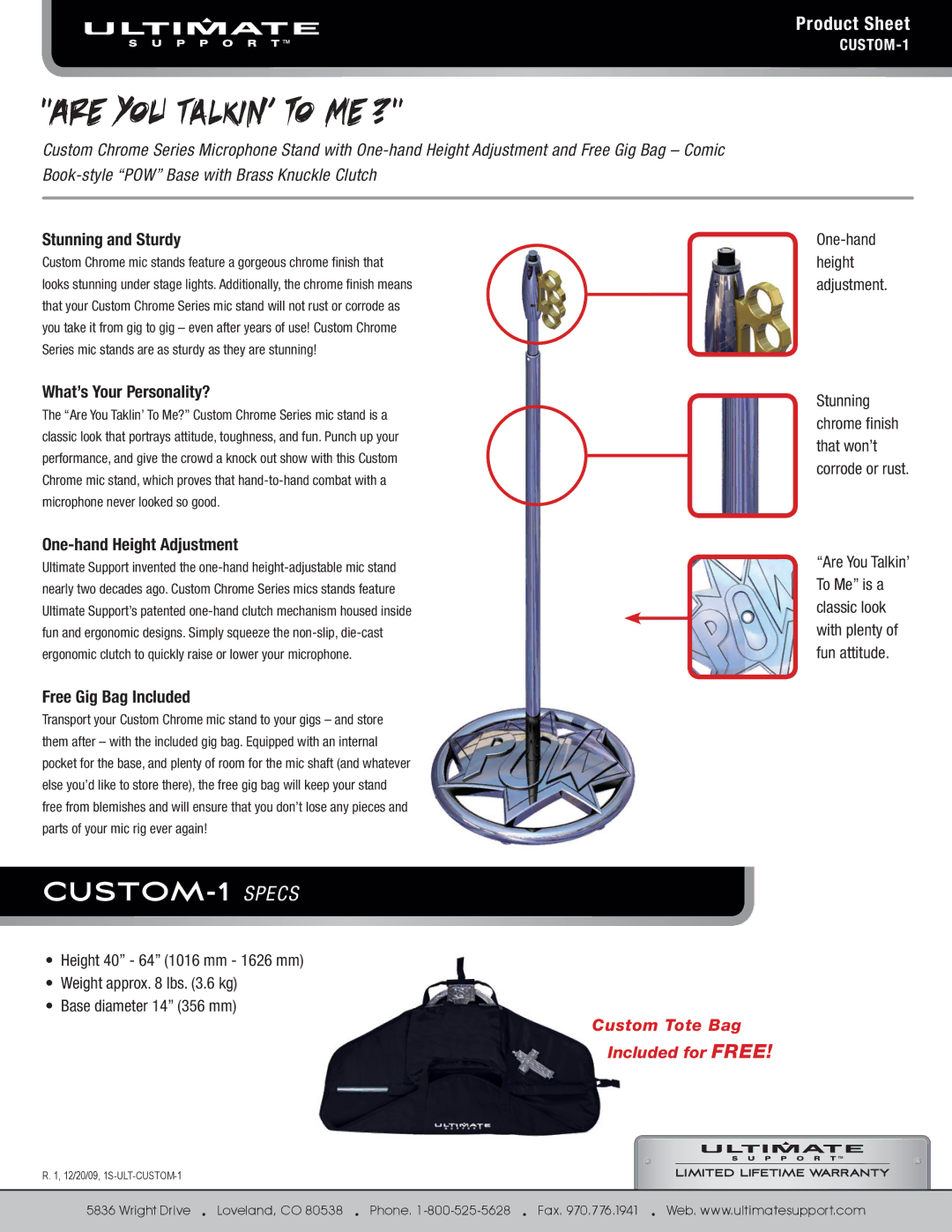 Ultimate Support Systems manual CUSTOM-1 Specs, Product Sheet 