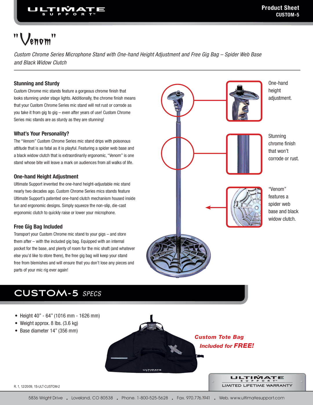 Ultimate Support Systems manual CUSTOM-5 Specs, Product Sheet 