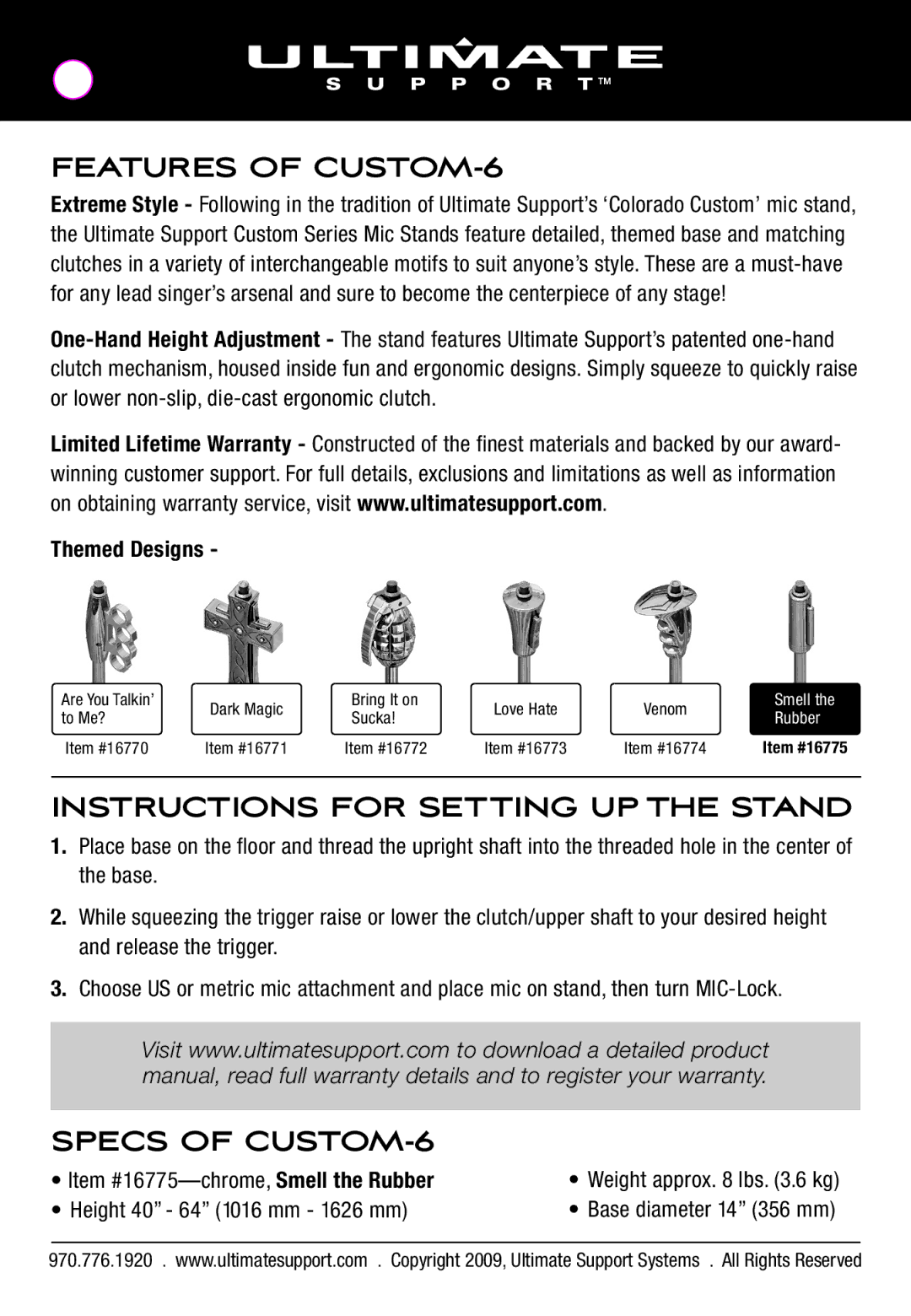 Ultimate Support Systems Features of CUSTOM-6, Instructions for Setting UP the Stand, Specs of CUSTOM-6, Themed Designs 