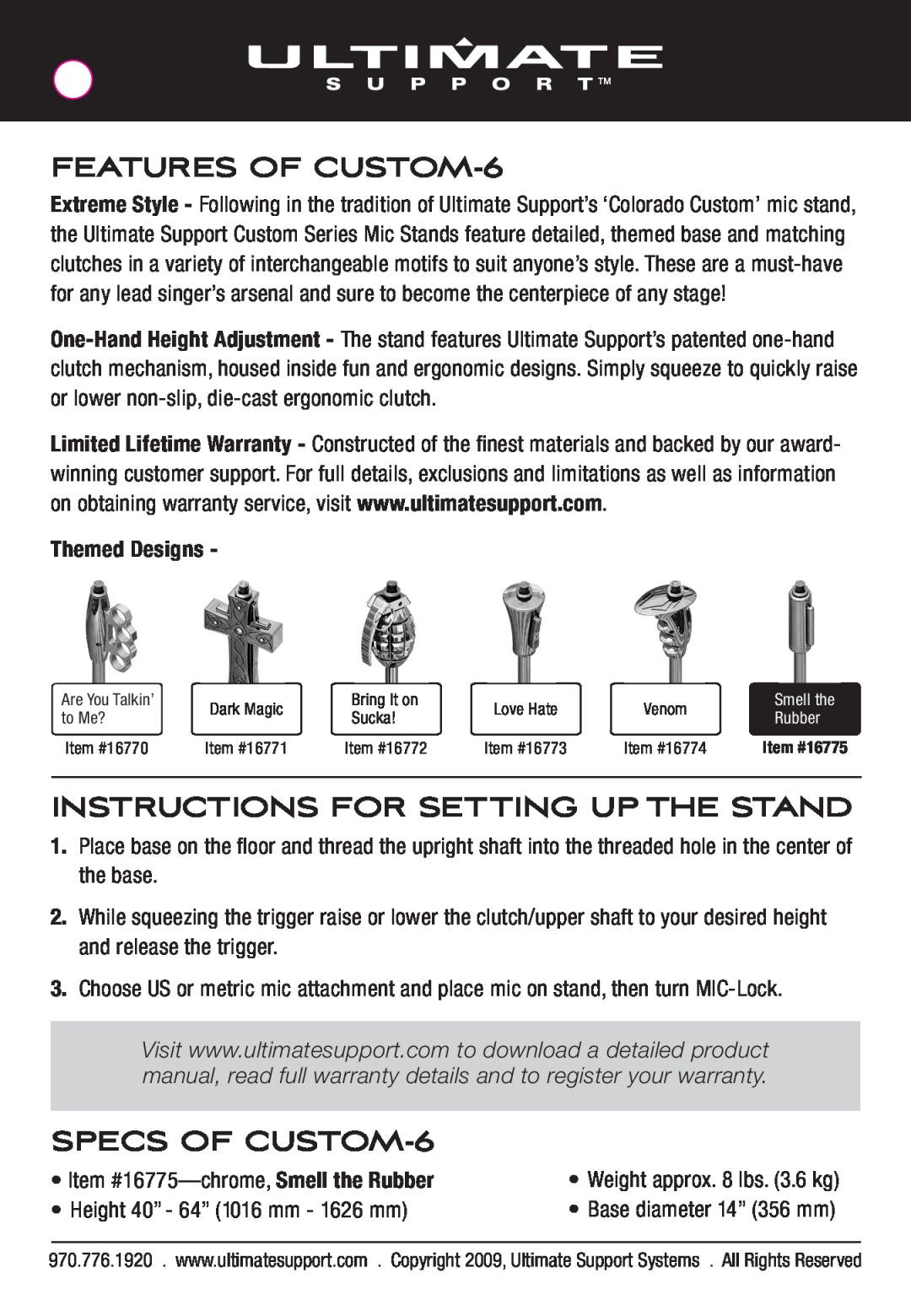 Ultimate Support Systems FEATURES OF CUSTOM-6, Instructions For Setting Up The Stand, SPECS OF CUSTOM-6, Themed Designs 