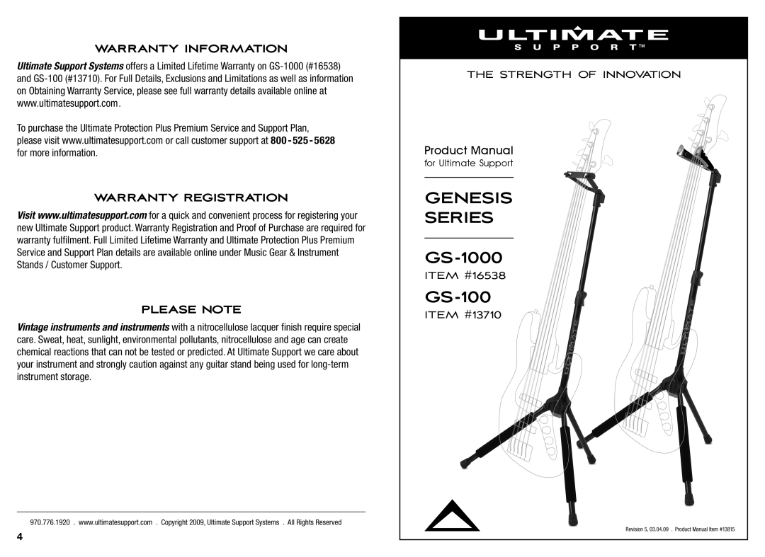 Ultimate Support Systems GS 100 warranty Warranty Information Warranty Registration Please Note 