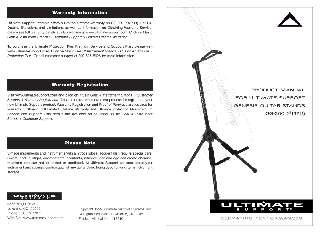 Ultimate Support Systems GS-200 warranty Warranty Information Warranty Registration Please Note 