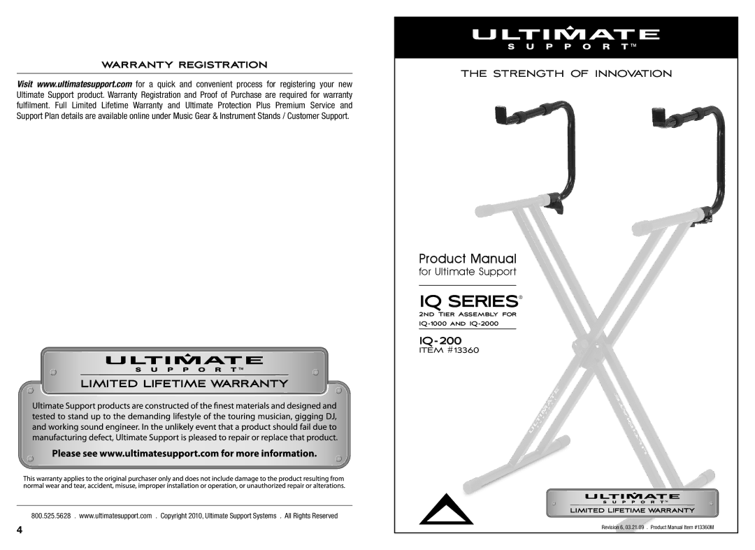 Ultimate Support Systems IQ-200 warranty IQ Series, Product Manual 