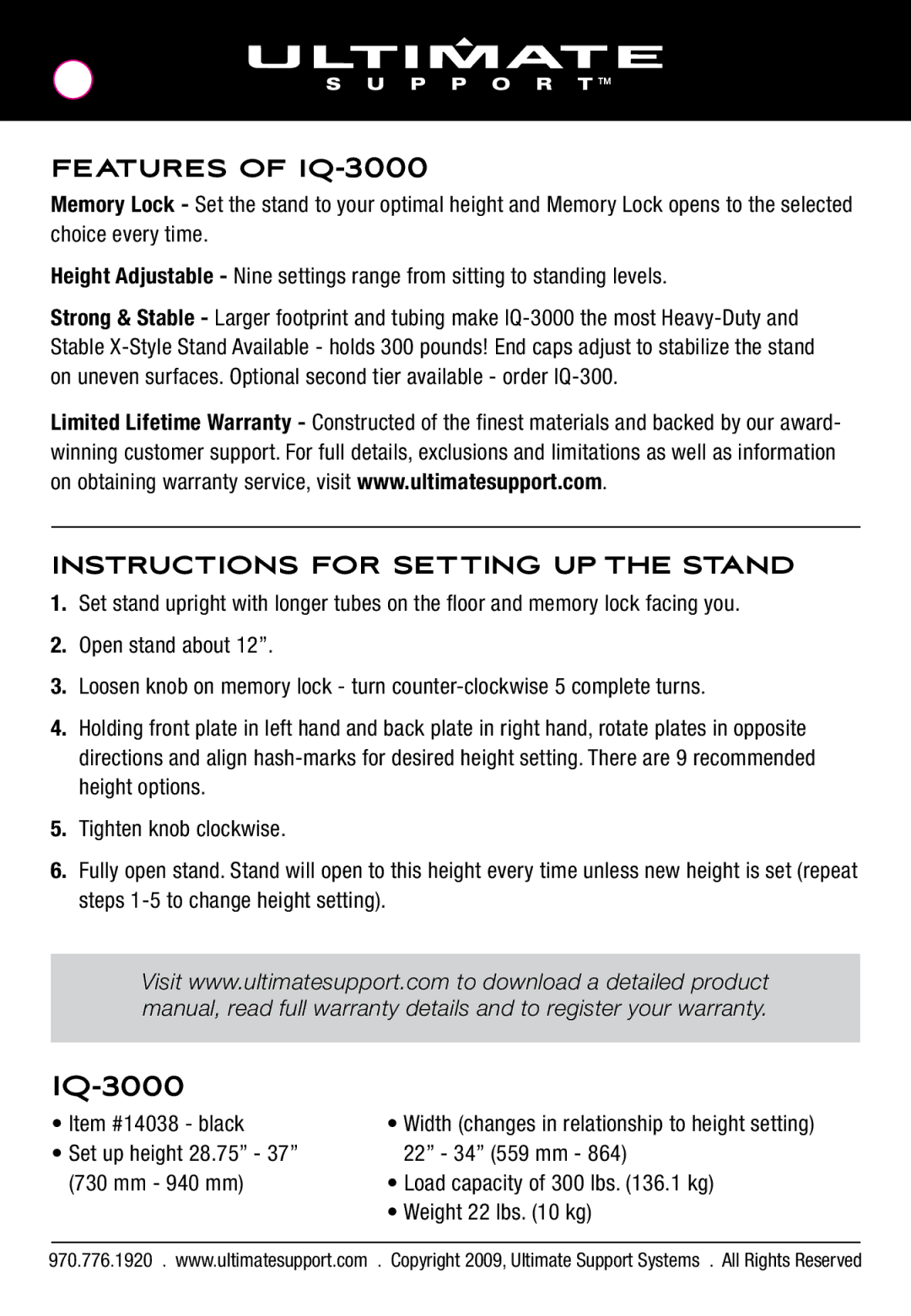 Ultimate Support Systems manual Features of IQ-3000, Instructions for Setting UP the Stand 