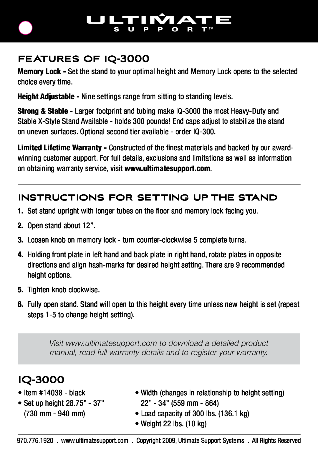 Ultimate Support Systems manual FEATURES OF IQ-3000, Instructions For Setting Up The Stand 