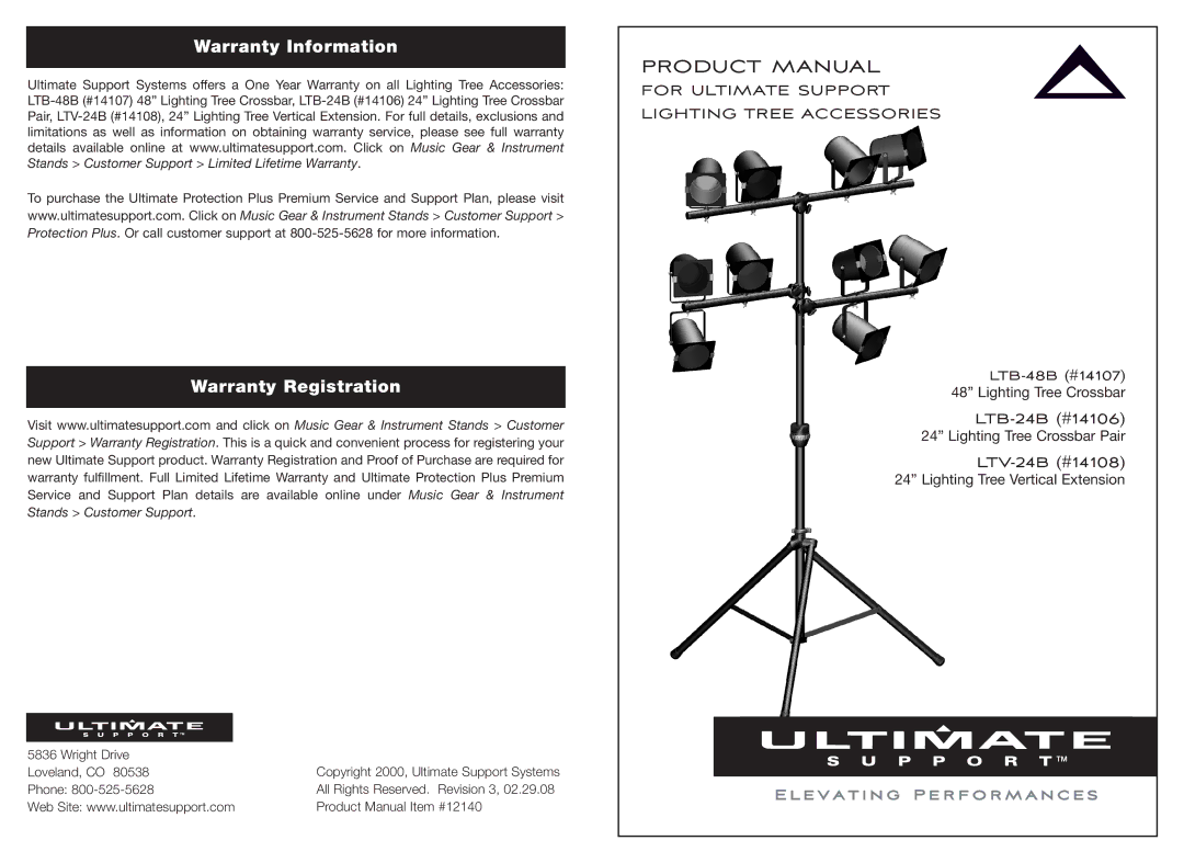 Ultimate Support Systems LTV-24B, LTB-48B, LTB-24B warranty Product Manual, Warranty Information Warranty Registration 