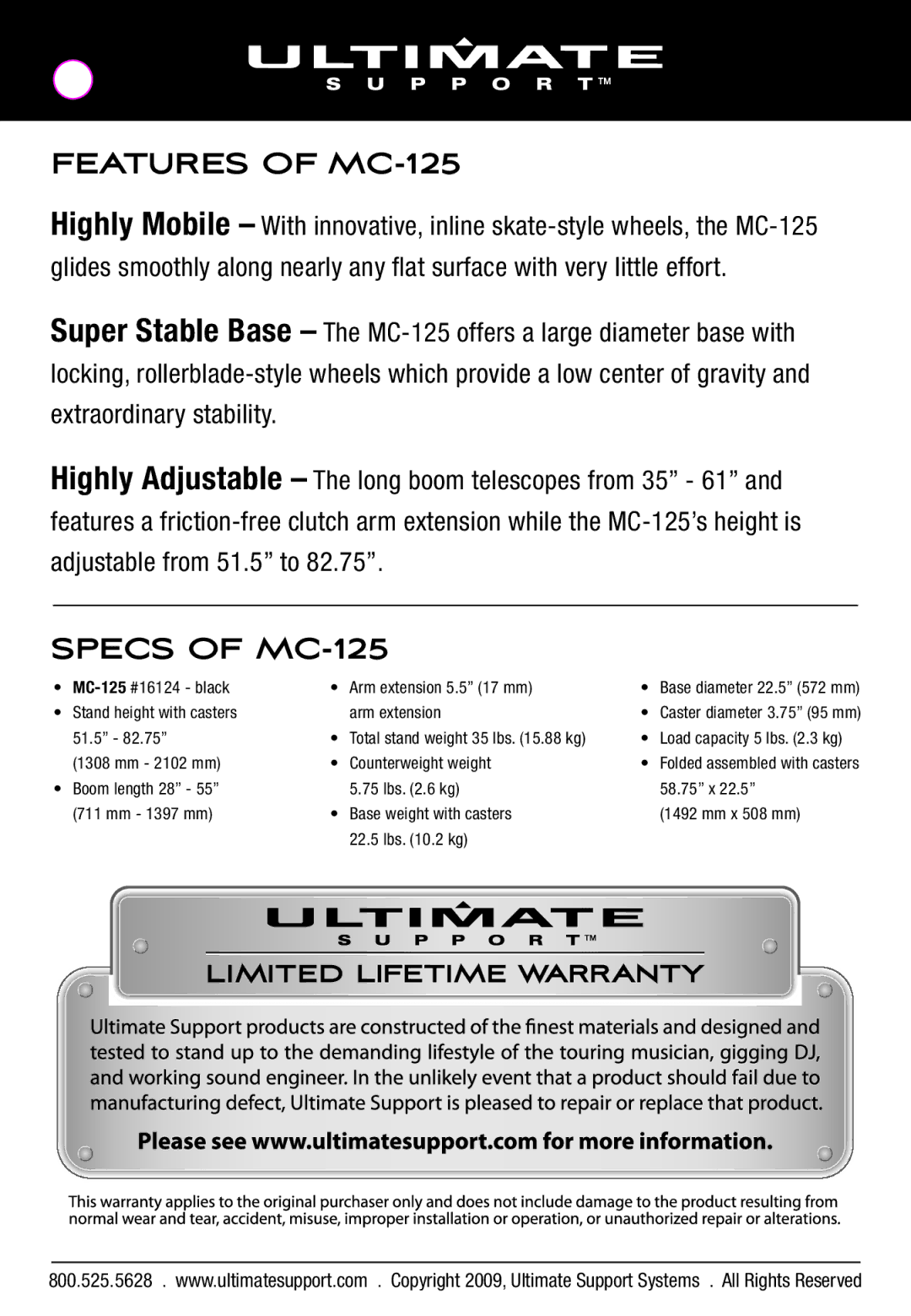 Ultimate Support Systems manual Features of MC-125, Specs of MC-125 