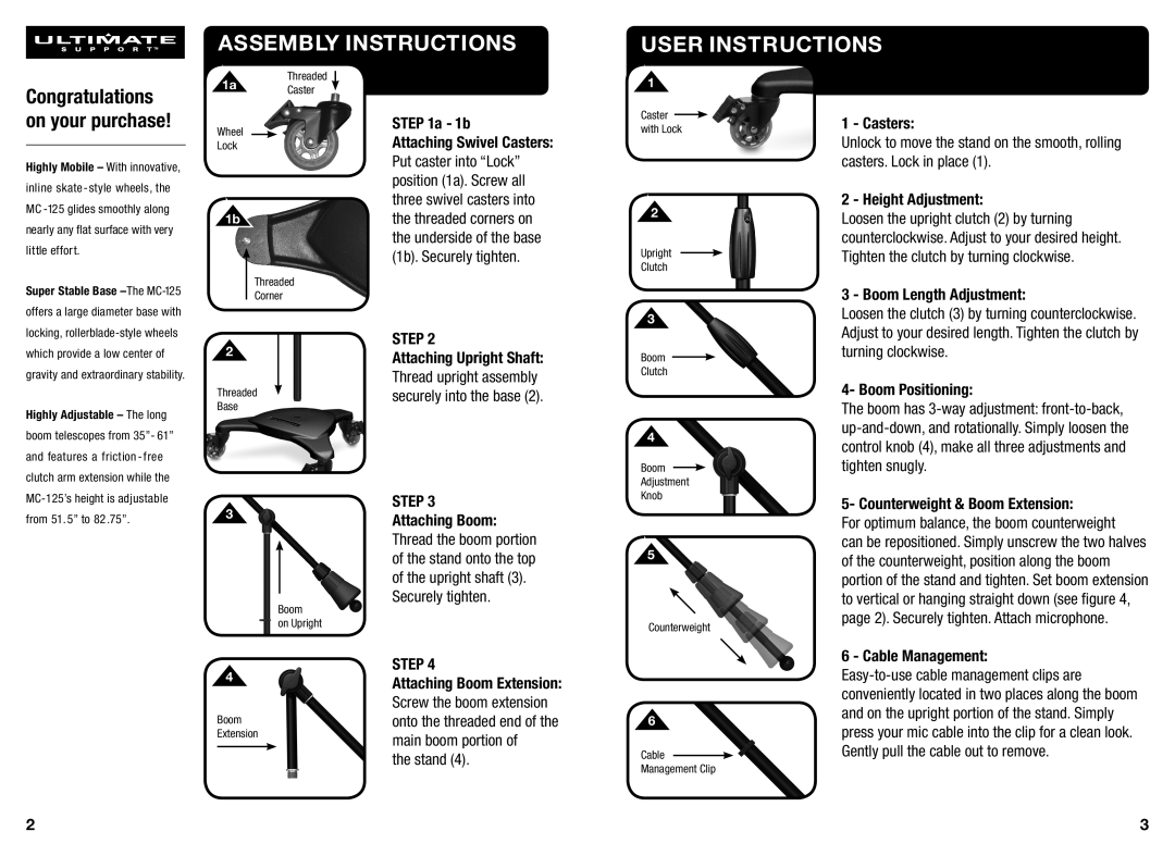 Ultimate Support Systems MC-125 warranty Congratulations on your purchase, Attaching Swivel Casters, Height Adjustment 