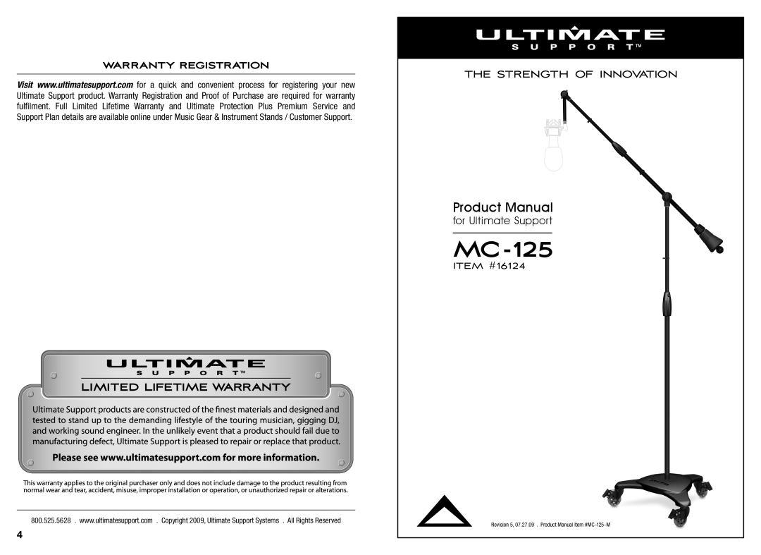Ultimate Support Systems MC-125 warranty for Ultimate Support, Product Manual, Warranty Registration, ITEM #16124 