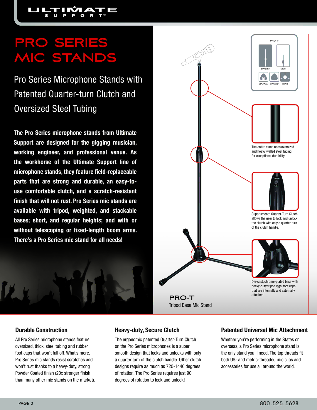 Ultimate Support Systems PRO-T-T, PRO-T-F Pro-T, Durable Construction, Heavy-duty, Secure Clutch, Tripod Base Mic Stand 