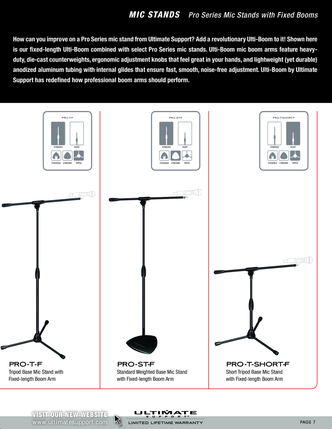 Ultimate Support Systems PRO-ST, PRO-T-T, PRO-T-SHORT-F Pro-T-F Pro-St-F, Fixed-length Boom Arm With Fixed-length Boom Arm 