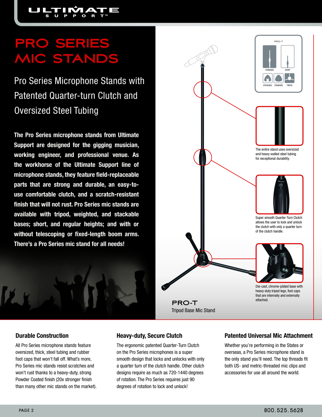 Ultimate Support Systems PRO-T Pro-T, Durable Construction, Heavy-duty, Secure Clutch, 800 .525, Tripod Base Mic Stand 