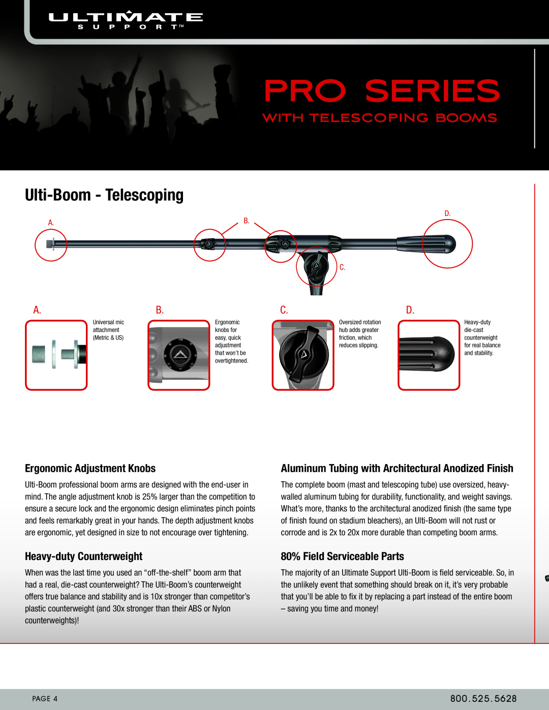 Ultimate Support Systems PRO-ST-T Ulti-Boom - Telescoping, Ergonomic Adjustment Knobs, Heavy-duty Counterweight, 800 .525 