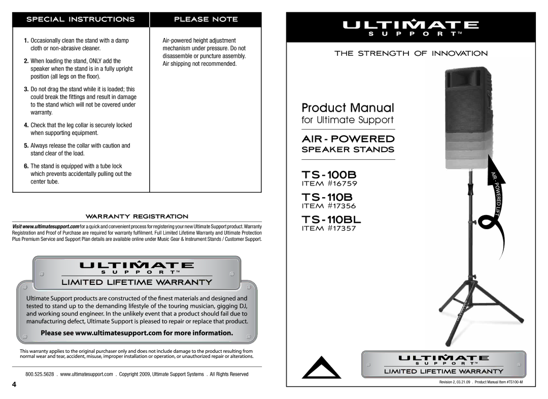 Ultimate Support Systems TS-100B, TS-110BL warranty Special Instructions, Please Note 