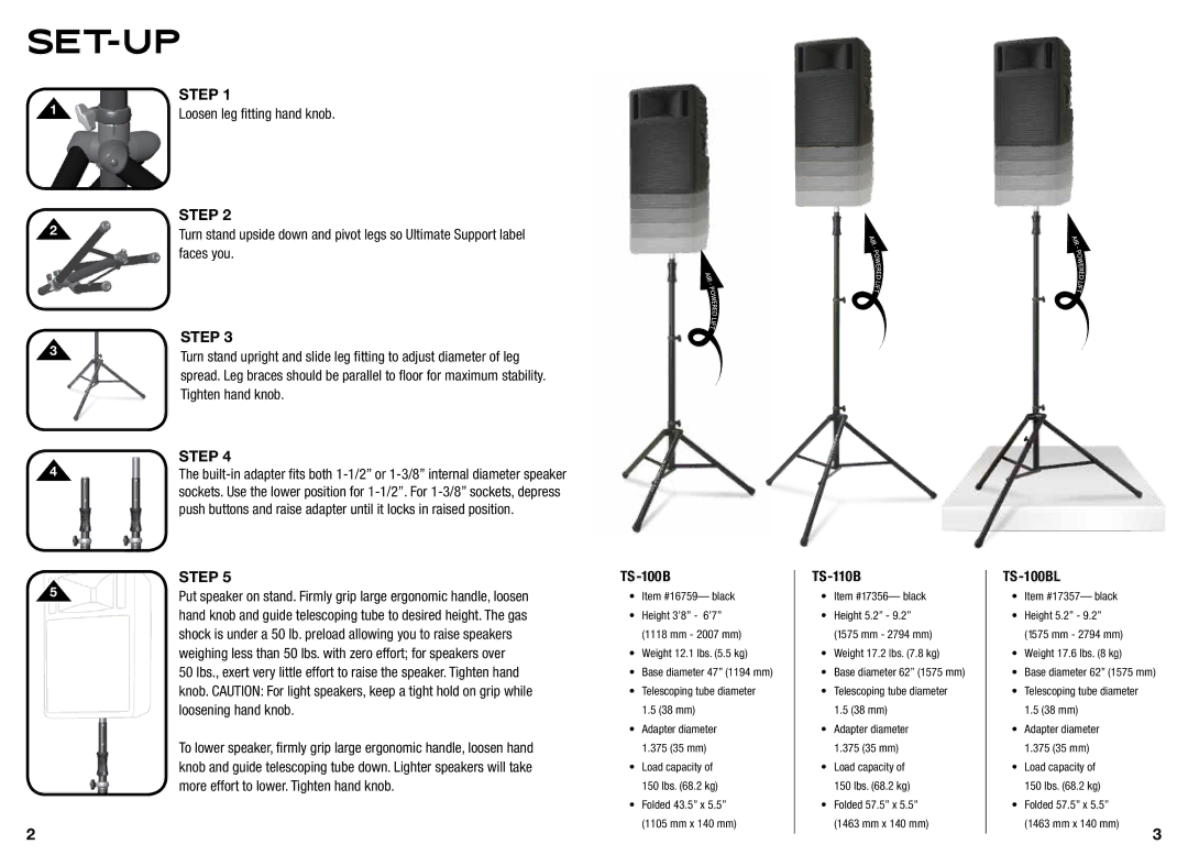 Ultimate Support Systems TS-110BL warranty Set-Up, TS -100B, TS-100BL 