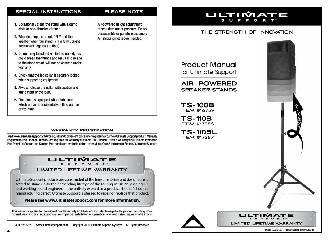 Ultimate Support Systems warranty Warranty Registration, TS-100B, TS-110BL, Product Manual, Air- Powered, Please Note 