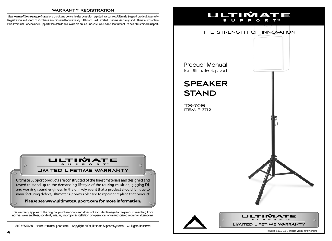 Ultimate Support Systems TS-70B warranty Warranty Registration, Speaker, Stand, Product Manual, for Ultimate Support 