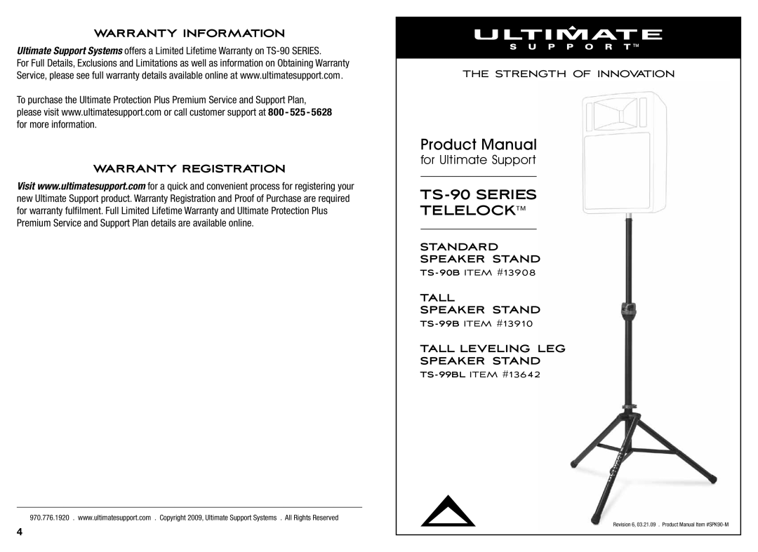 Ultimate Support Systems ts 90 warranty TS-90 Series Telelock 