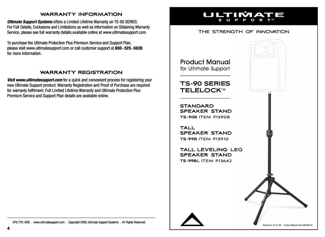 Ultimate Support Systems ts 90 warranty TS-90SERIES TELELOCK, Product Manual, Standard Speaker Stand, Tall Speaker Stand 