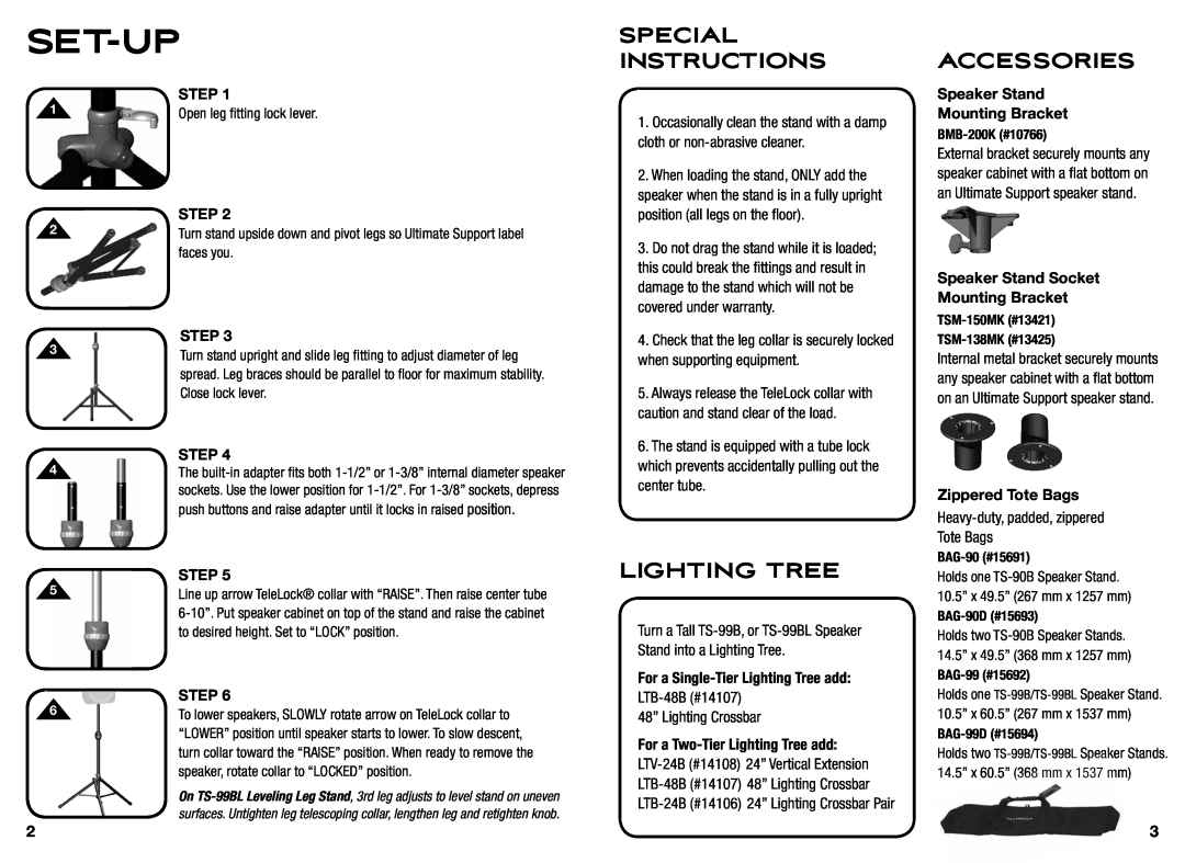 Ultimate Support Systems ts 90 warranty Set-Up, Special Instructions, Lighting Tree, Accessories 