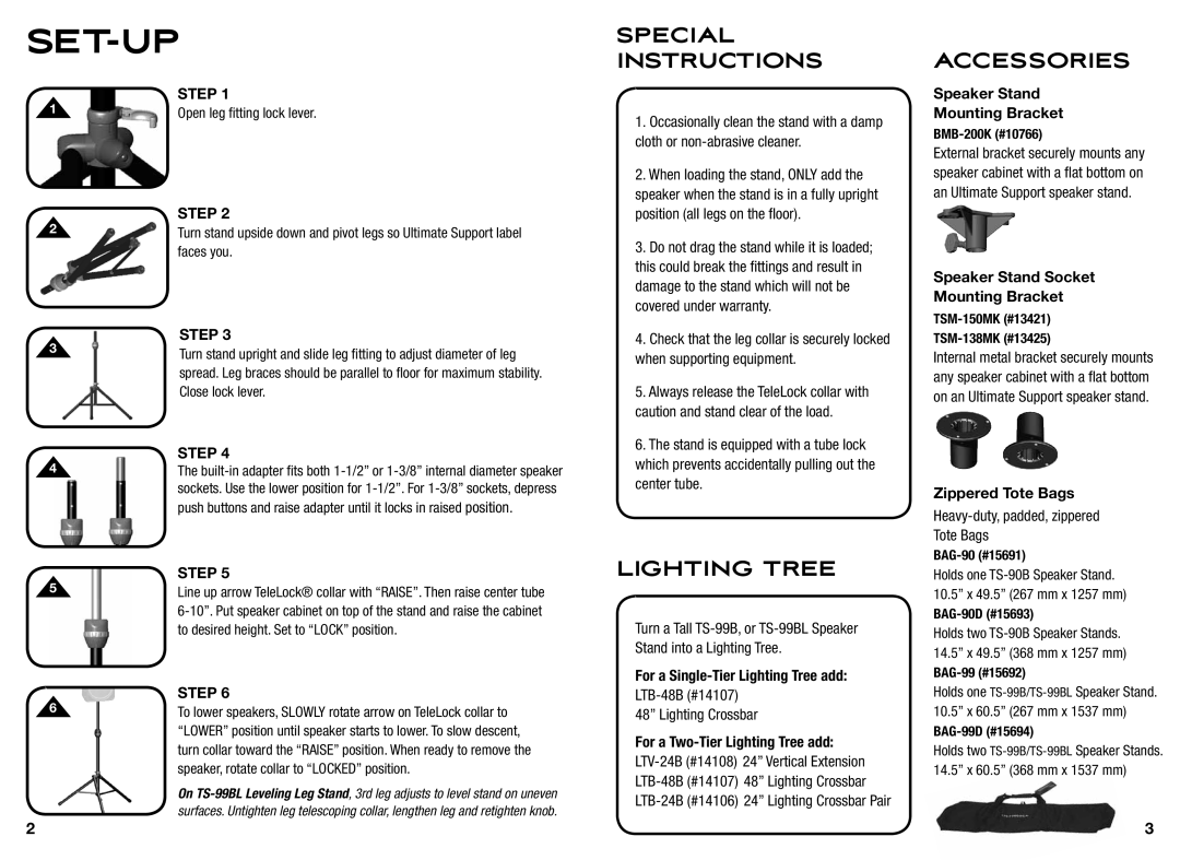 Ultimate Support Systems TS-90B, TS-99BL warranty Special Instructions, Lighting Tree, Accessories 