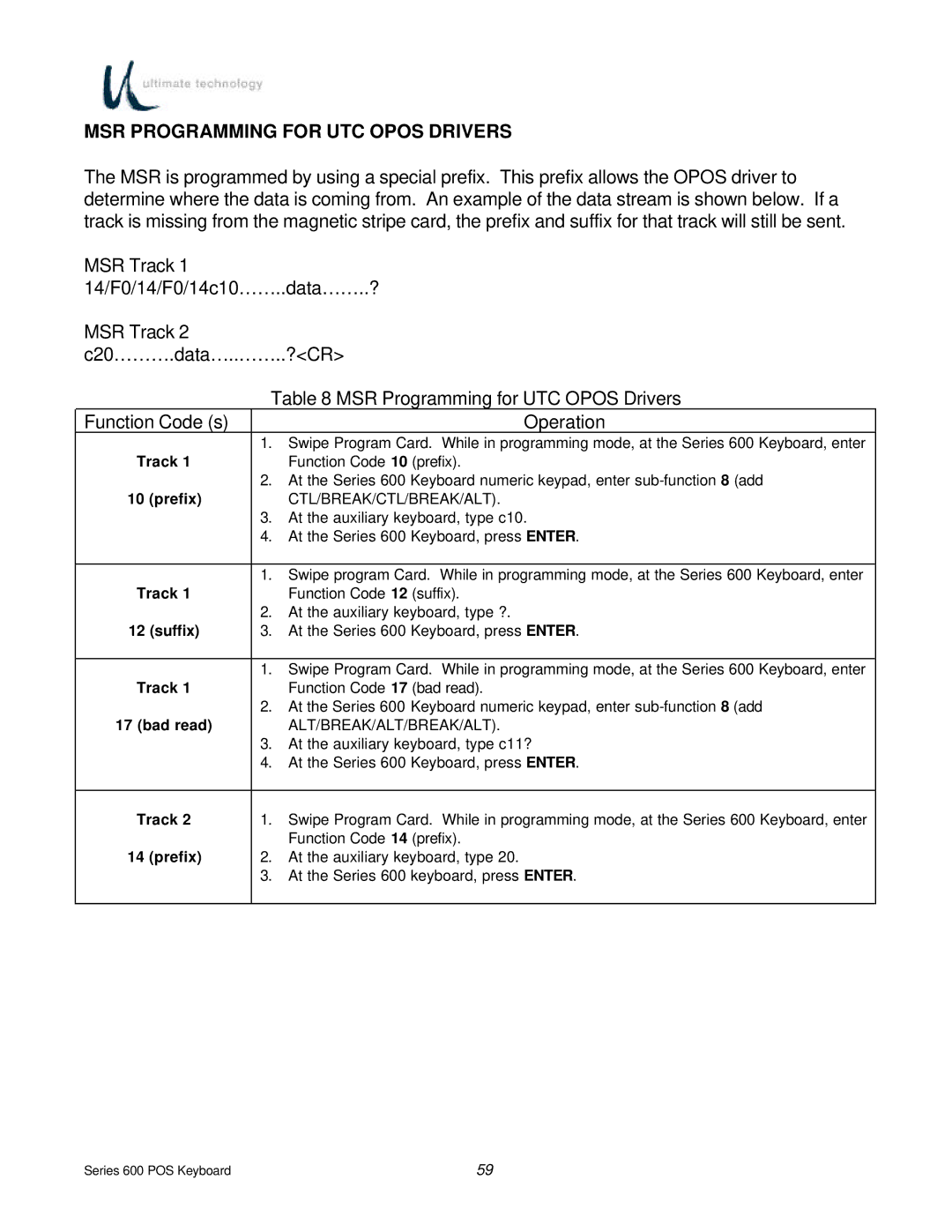 Ultimate Technology 600 POS manual MSR Programming for UTC Opos Drivers, Track, Prefix, Suffix, Bad read 