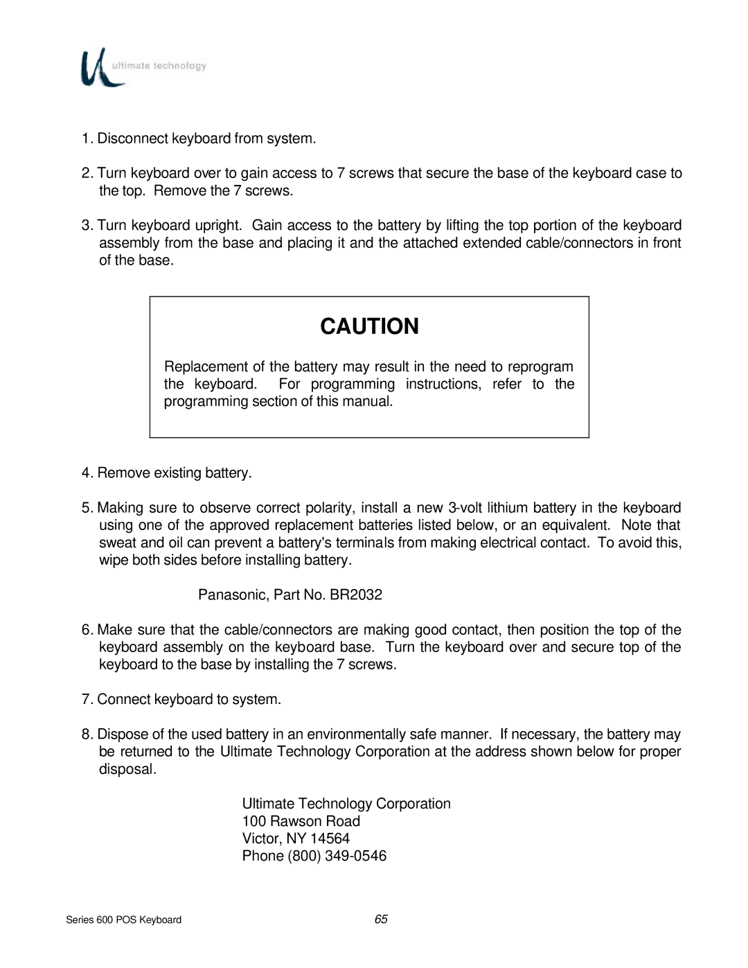 Ultimate Technology manual Series 600 POS Keyboard 