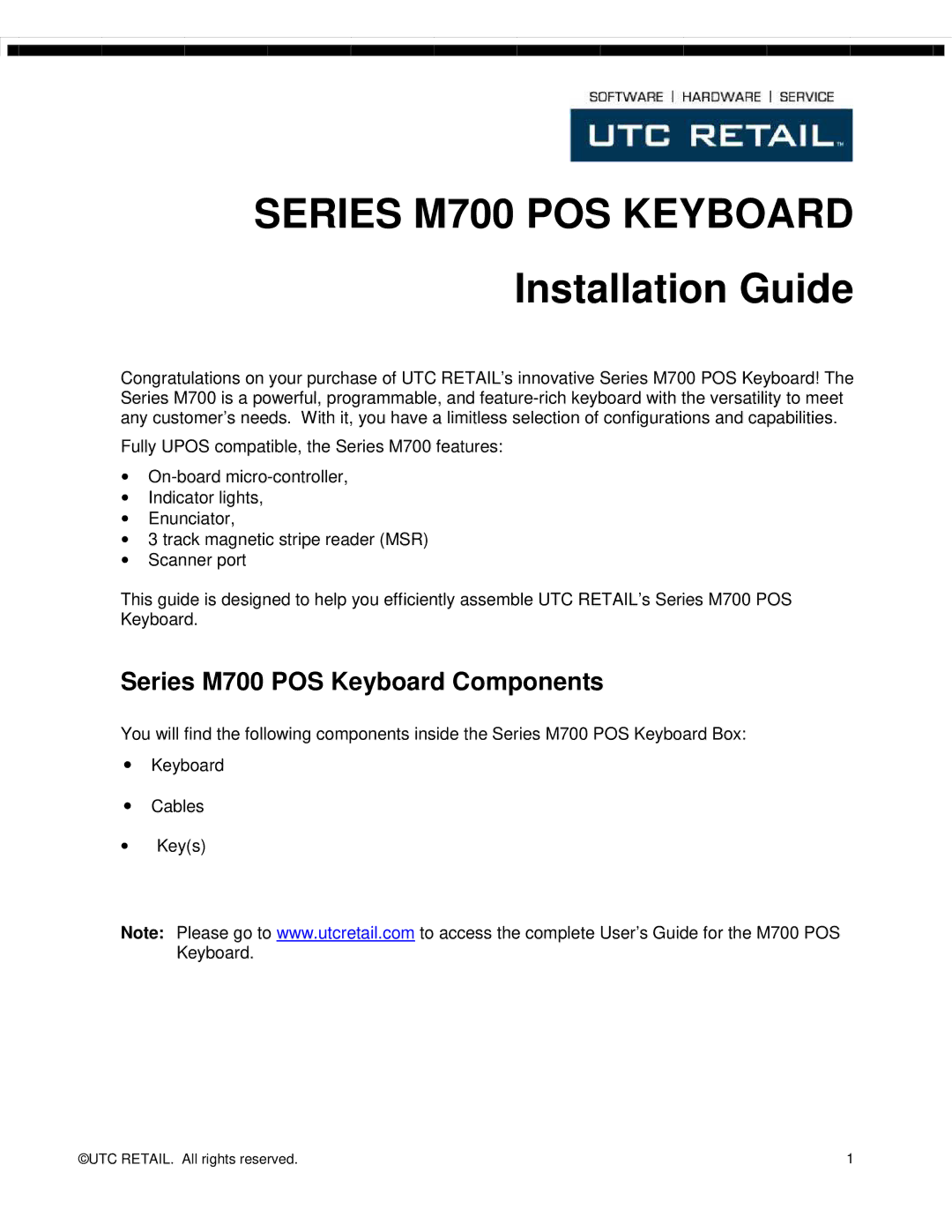 Ultimate Technology manual Installation Guide, Series M700 POS Keyboard Components 