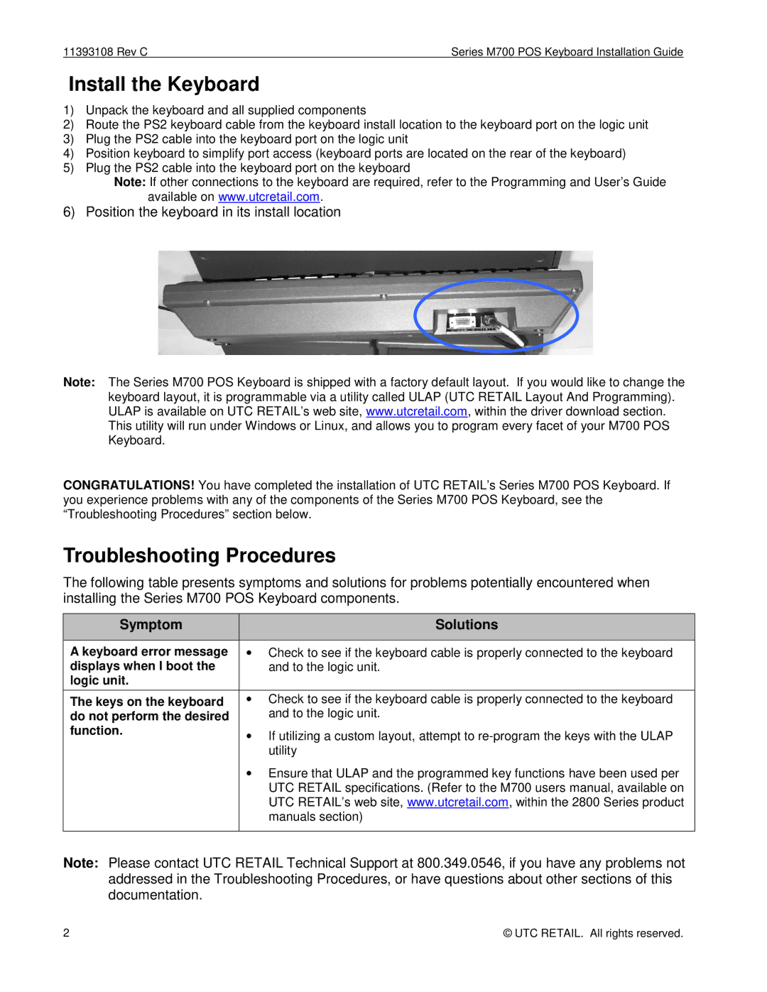 Ultimate Technology M700 Install the Keyboard, Troubleshooting Procedures, Position the keyboard in its install location 