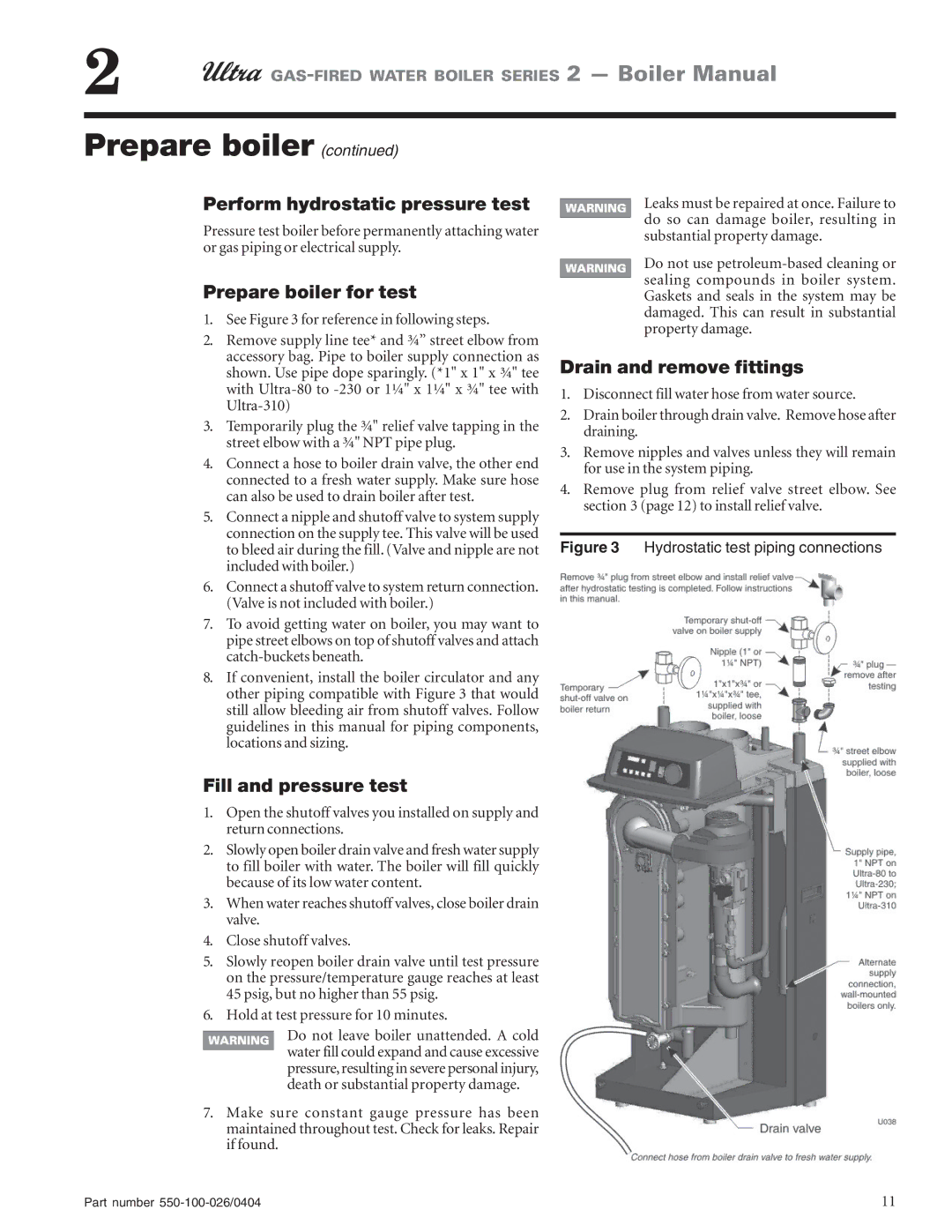 Ultra electronic 155, 105, 80, 230 & -310 Perform hydrostatic pressure test, Prepare boiler for test, Fill and pressure test 