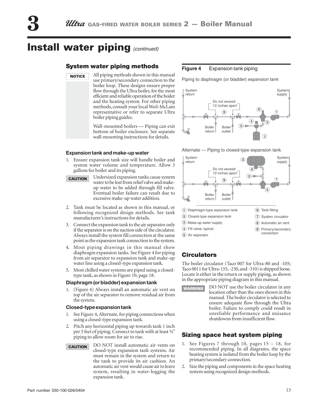 Ultra electronic 80, 105, 230 & -310, 155 manual System water piping methods, Circulators, Sizing space heat system piping 