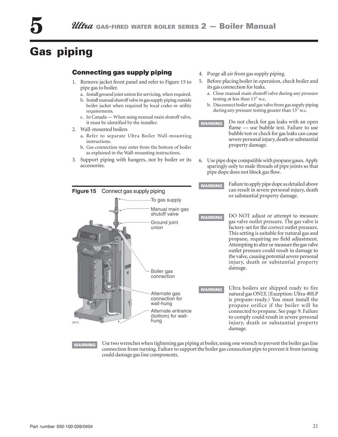 Ultra electronic 80, 105, 230 & -310, 155 manual Gas piping, Connecting gas supply piping, Wall-mounted boilers 