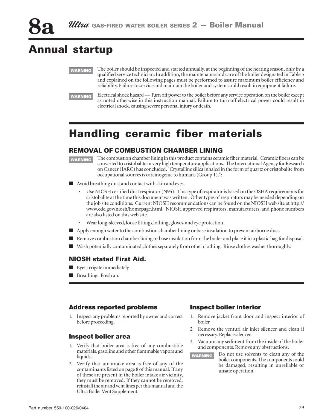 Ultra electronic 80, 105, 230 & -310, 155 manual Annual startup, Handling ceramic fiber materials 