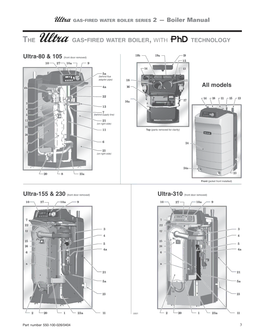 Ultra electronic 155, 105, 80, 230 & -310 manual GAS-FIRED Water BOILER, with PhD Technology 