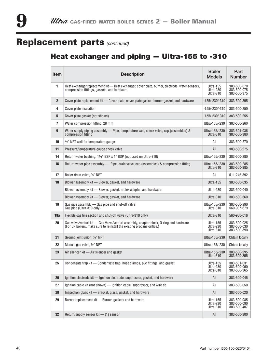 Ultra electronic 105, 80, 230 & -310 manual Heat exchanger and piping Ultra-155 to 