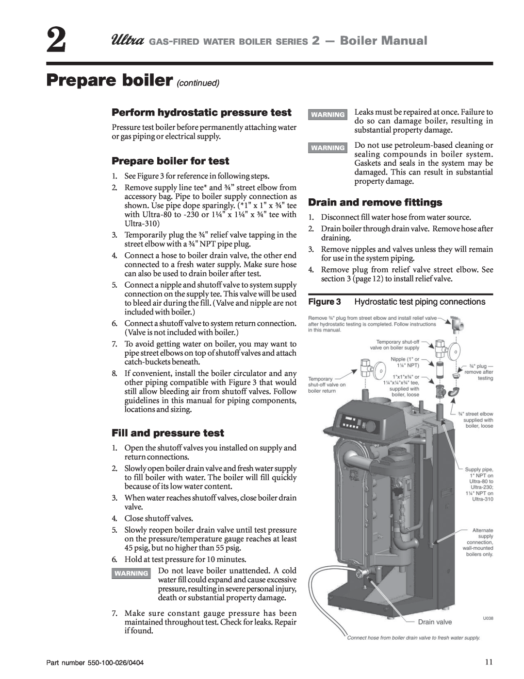 Ultra electronic 155, 105, 80 manual Prepare boiler continued, Perform hydrostatic pressure test, Prepare boiler for test 