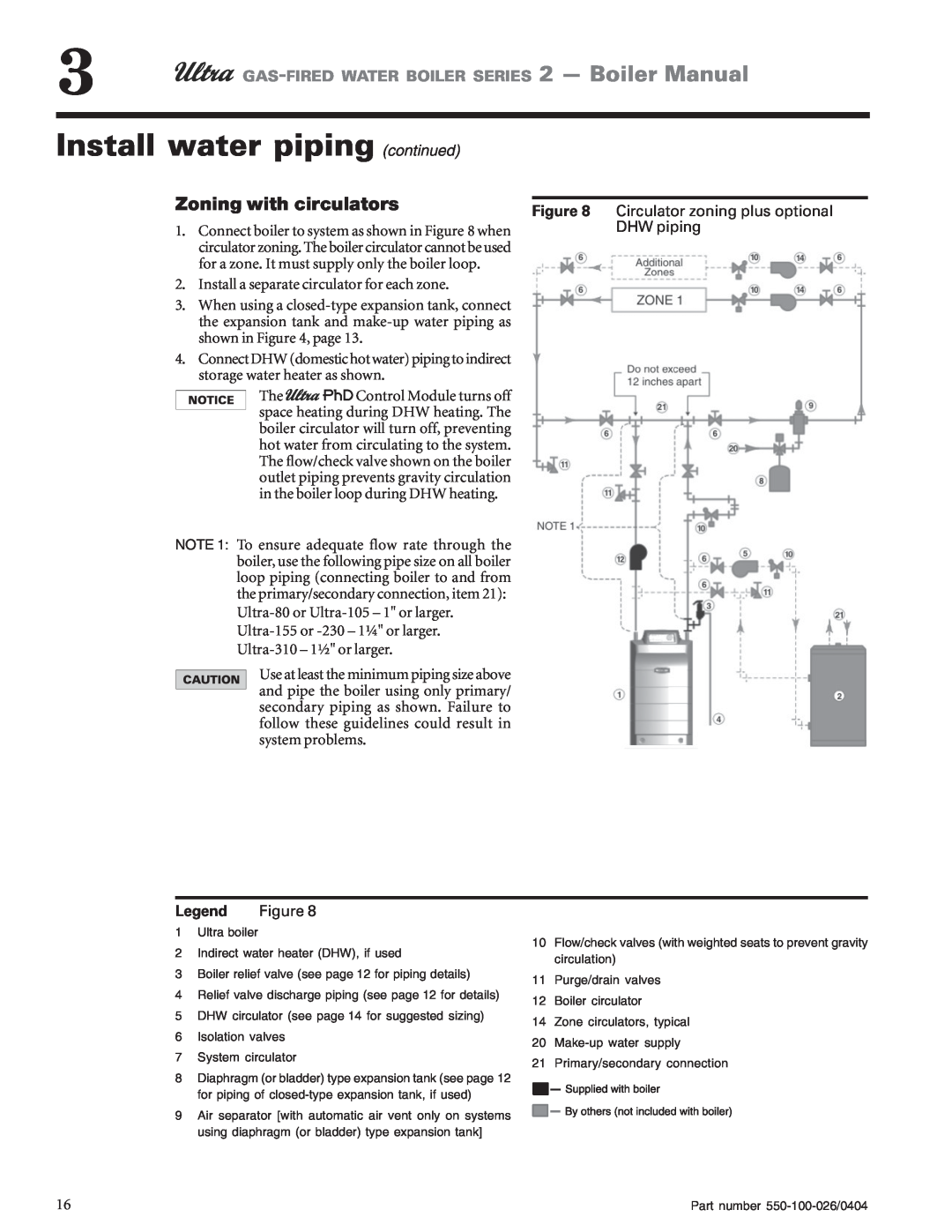 Ultra electronic 105 Install water piping continued, Zoning with circulators, Circulator zoning plus optional, DHW piping 
