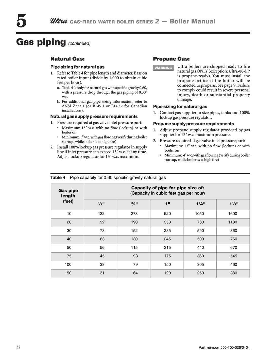 Ultra electronic 230 & -310 Gas piping continued, Natural Gas, Propane Gas, GAS-FIREDWATER BOILER SERIES 2 - Boiler Manual 