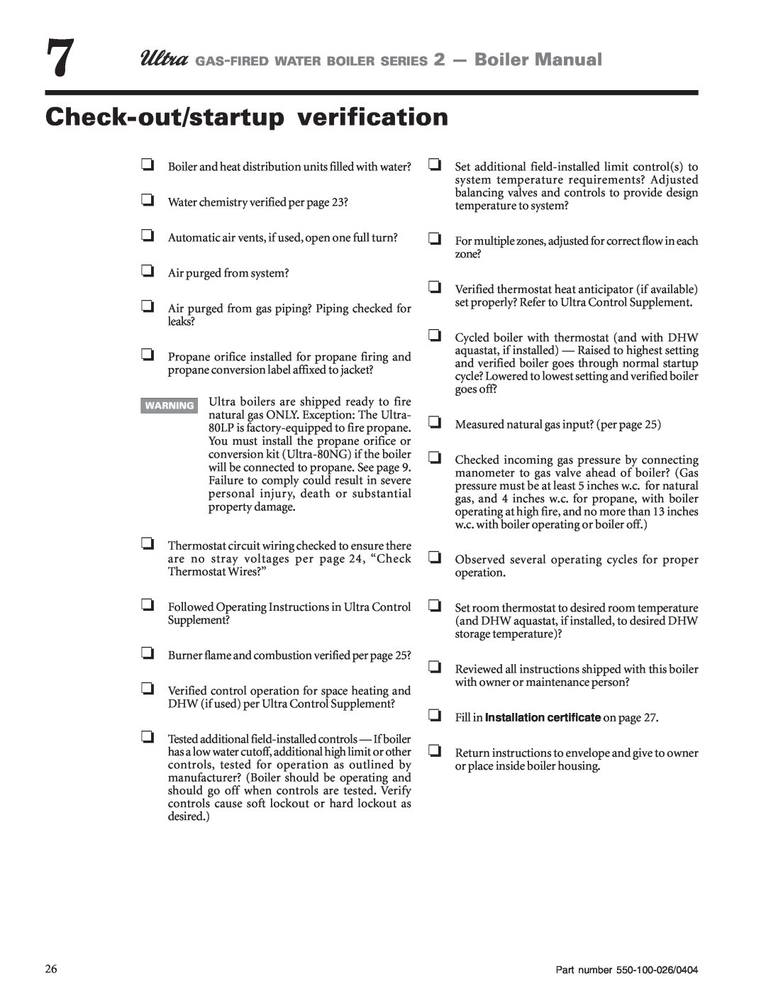Ultra electronic 230 & -310, 105, 80, 155 manual Check-out/startupverification, GAS-FIREDWATER BOILER SERIES 2 - Boiler Manual 