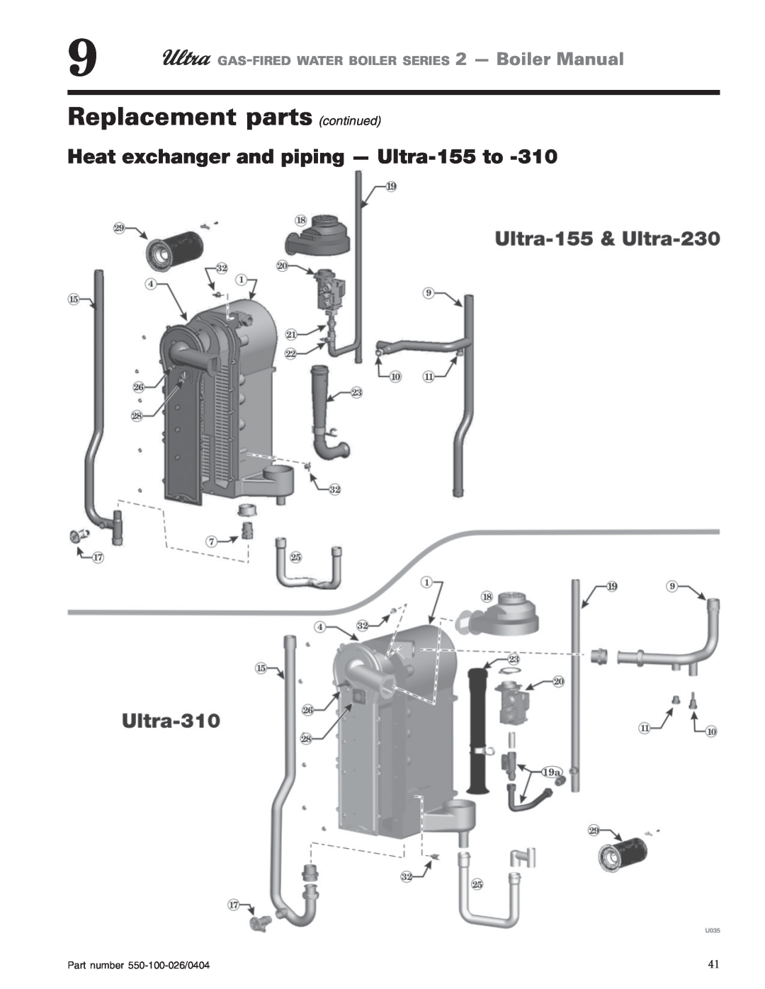 Ultra electronic 80, 105, 230 & -310 manual Replacement parts continued, Heat exchanger and piping - Ultra-155to 