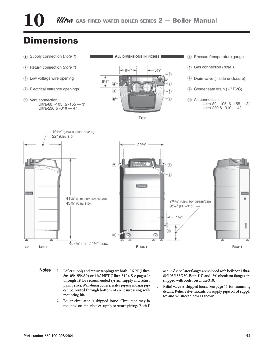 Ultra electronic 155, 105, 80, 230 & -310 manual Dimensions, GAS-FIREDWATER BOILER SERIES 2 - Boiler Manual 
